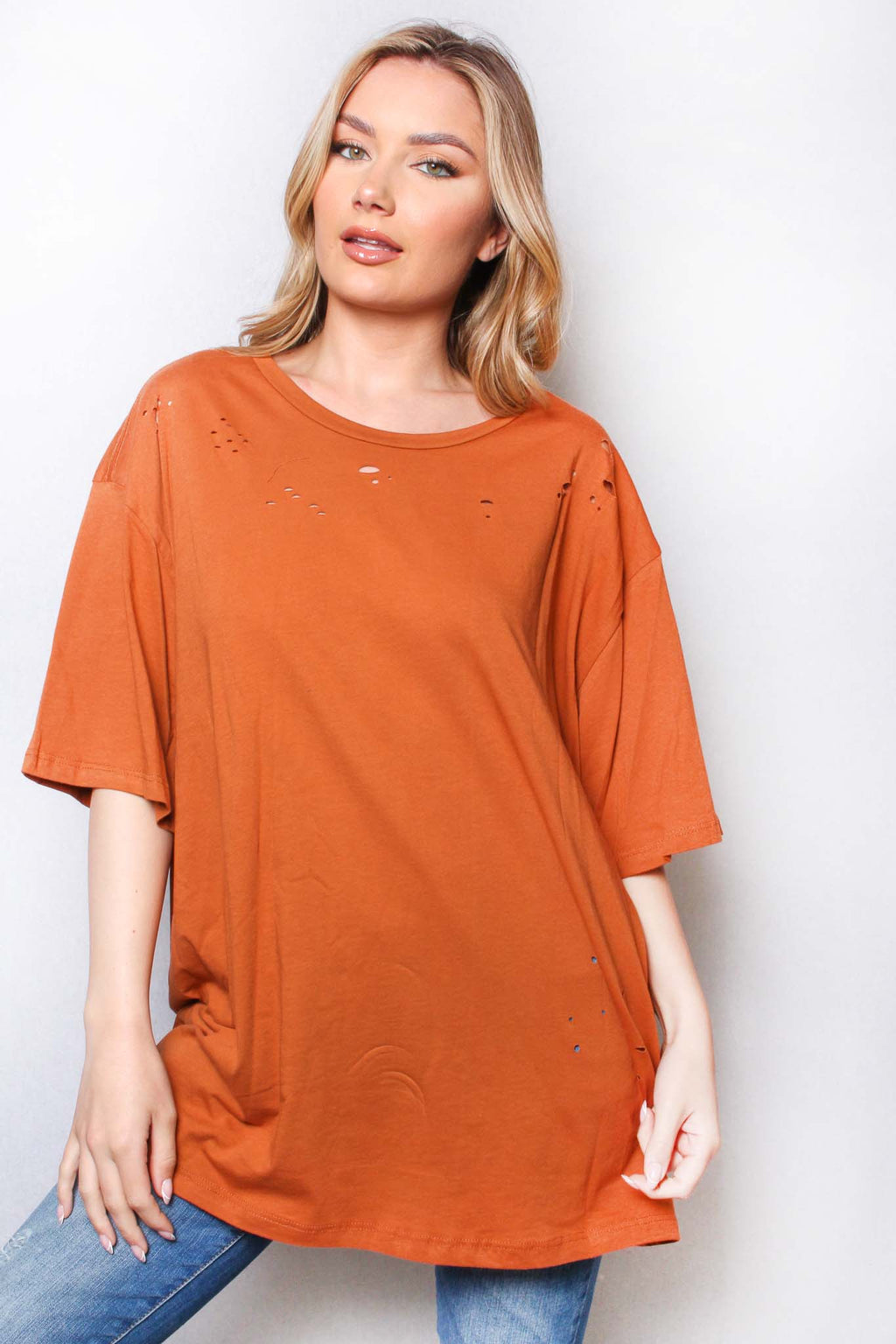 Women's Elbow Sleeve Round Neck Solid Top with Holes
