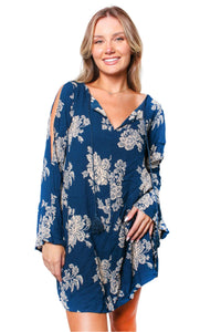 Women's Long Sleeve Deep V Neck Floral Print Mini Dress