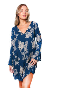 Women's Long Sleeve Deep V Neck Floral Print Mini Dress