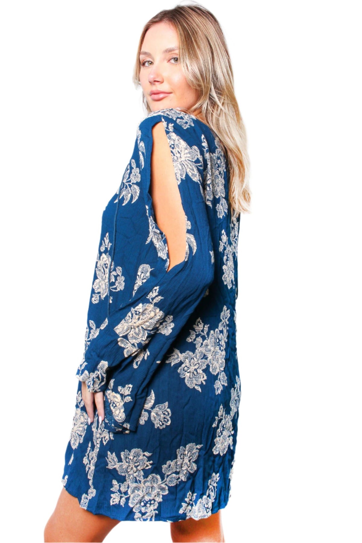 Women's Long Sleeve Deep V Neck Floral Print Mini Dress