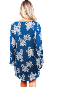 Women's Long Sleeve Deep V Neck Floral Print Mini Dress