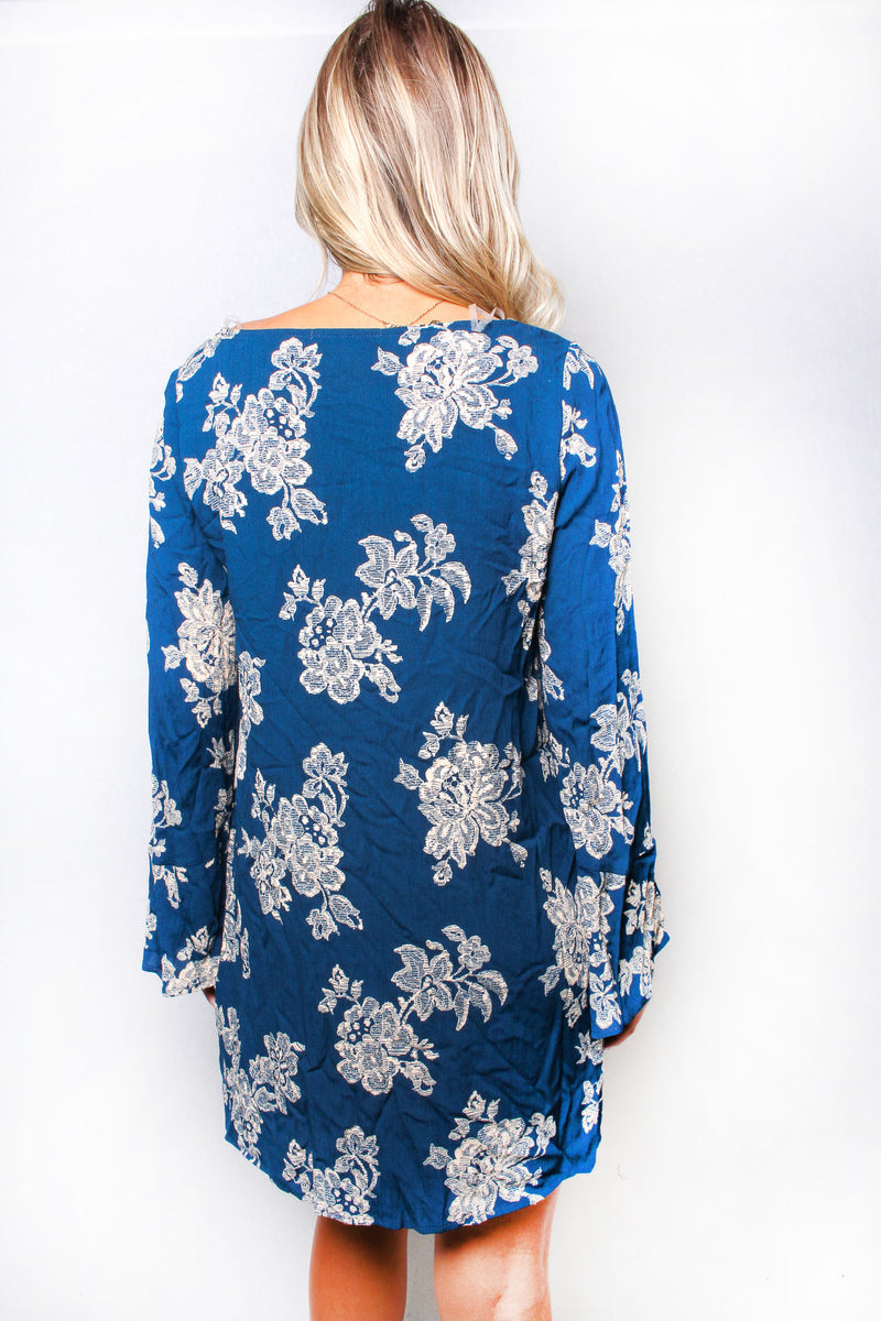 Women's Long Sleeve Deep V Neck Floral Print Mini Dress