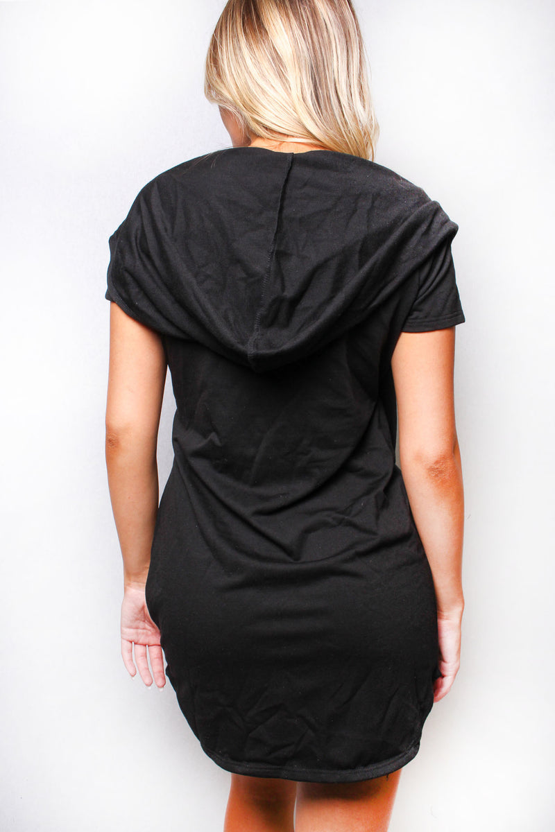 Women's Short Sleeve Solid Hooded Mini Dress