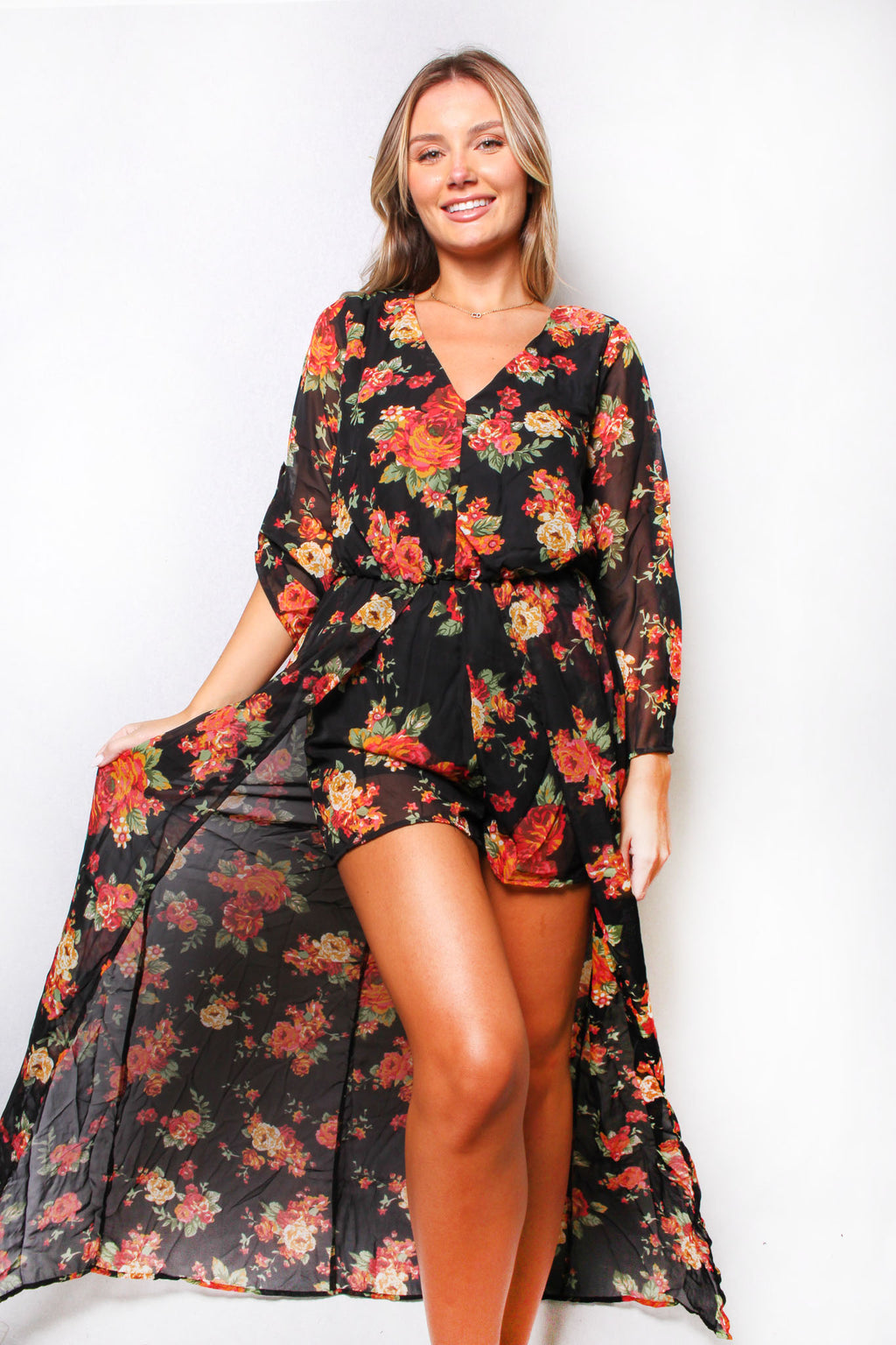 Women's Long Sleeve Cut Back Floral Print Romper Dress