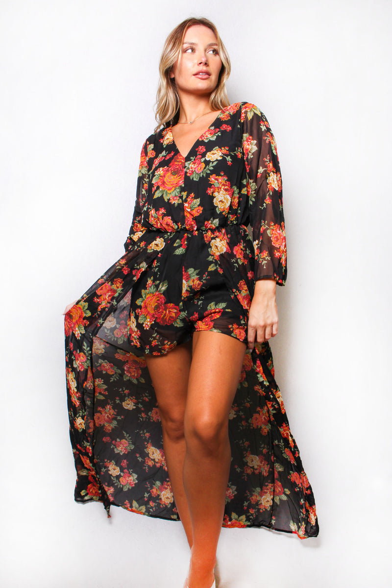 Women's Long Sleeve Cut Back Floral Print Romper Dress