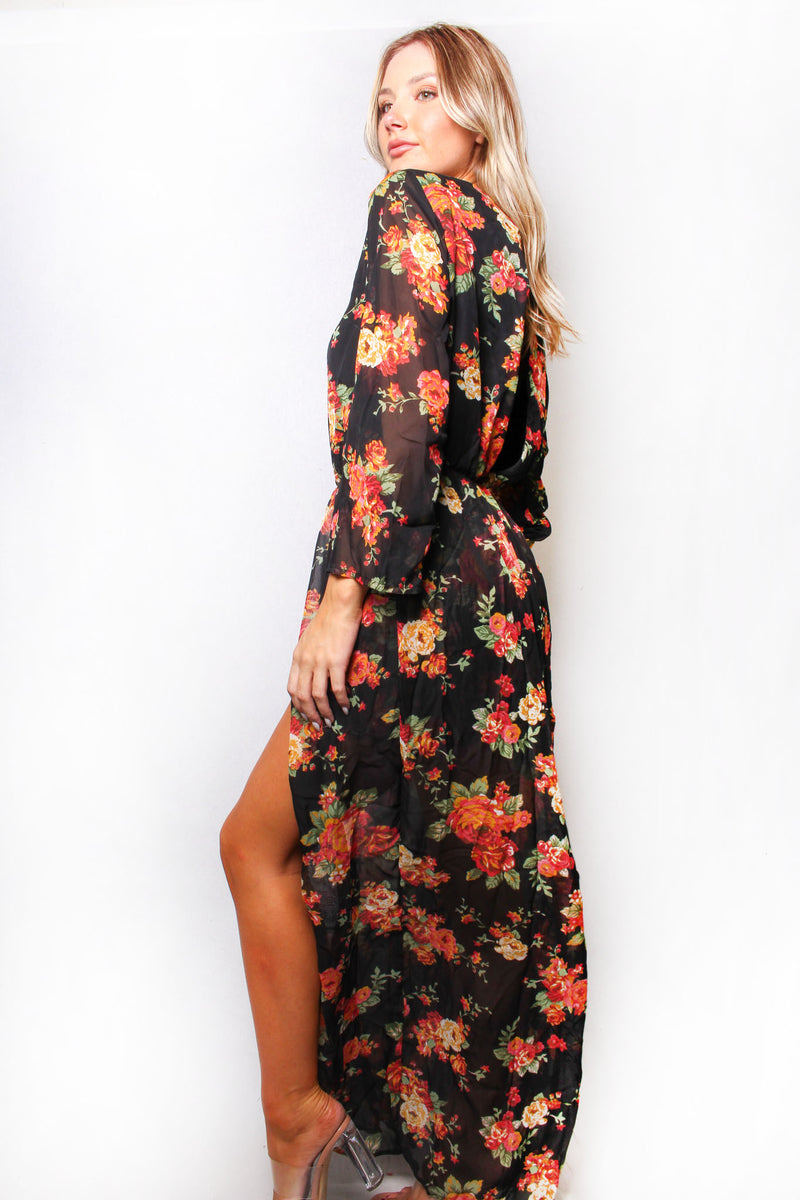 Women's Long Sleeve Cut Back Floral Print Romper Dress