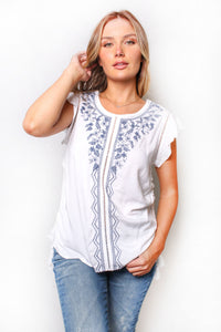 Women's Round Neck Sleeveless Side Ruched Embroidered Top