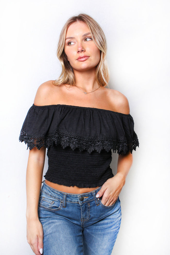 Women's The Shoulder Lace  Embroidered Rib Knit Top pluz size