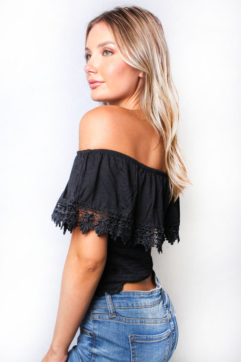 Women's Off The Shoulder Lace Embroidered Rib Knit Top