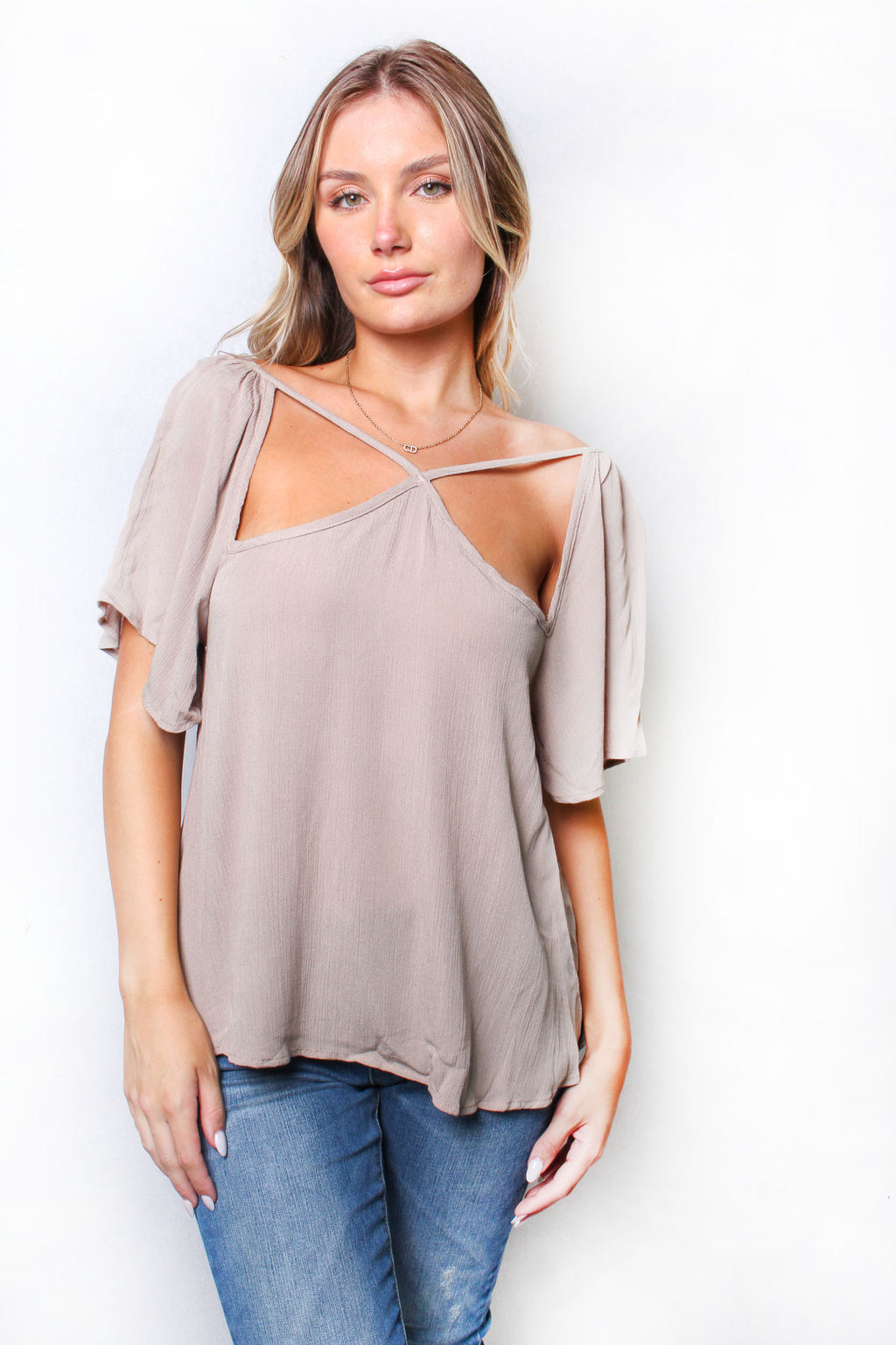 Women's Short Sleeve Strappy Cut Out Embellished Top