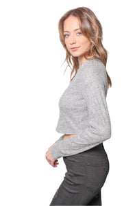 Women's Long Sleeve V Neck Button Down Crop Top