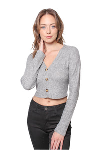 Women's Long Sleeve V Neck Button Down Crop Top