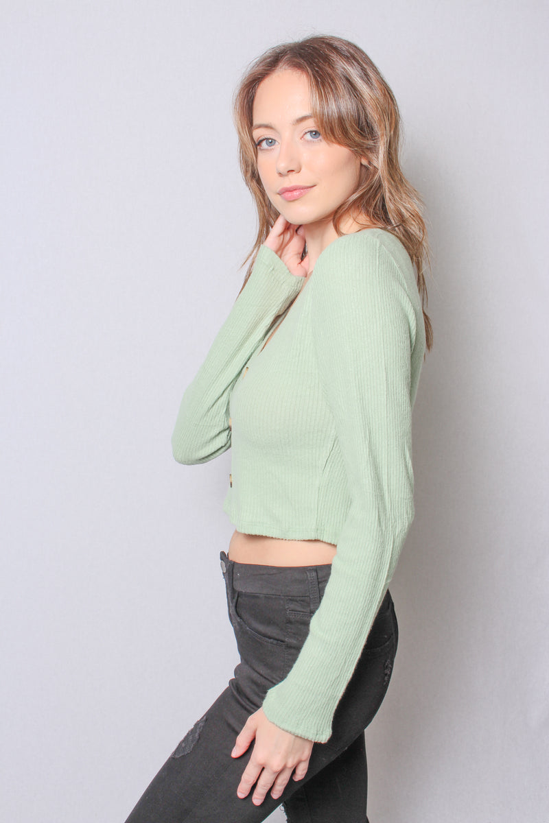 Women's Long Sleeve V Neck Button Down Crop Top
