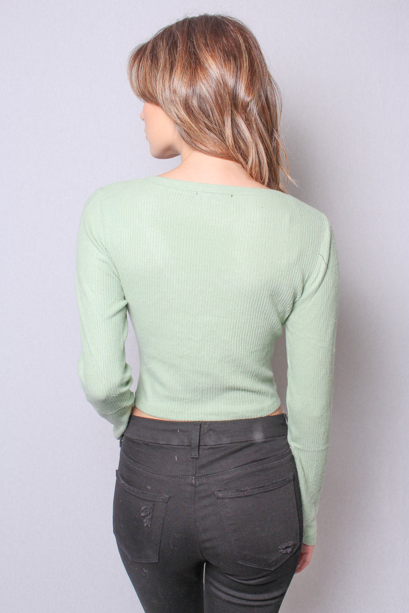 Women's Long Sleeve V Neck Button Down Crop Top