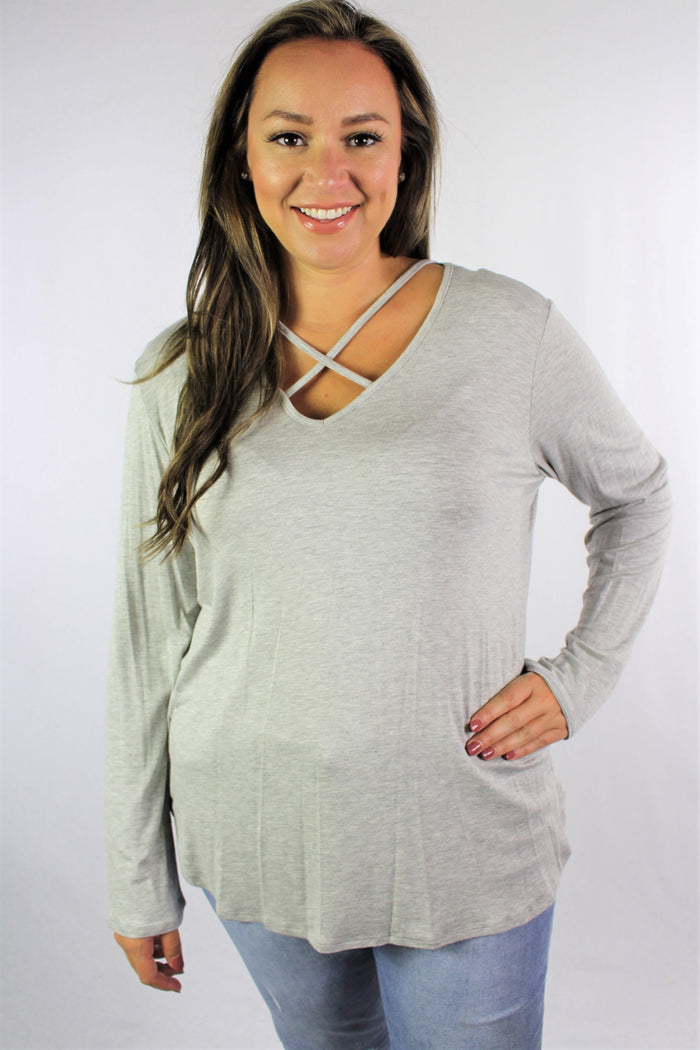 Women's Plus Size Long Sleeve Top with Criss Cross String