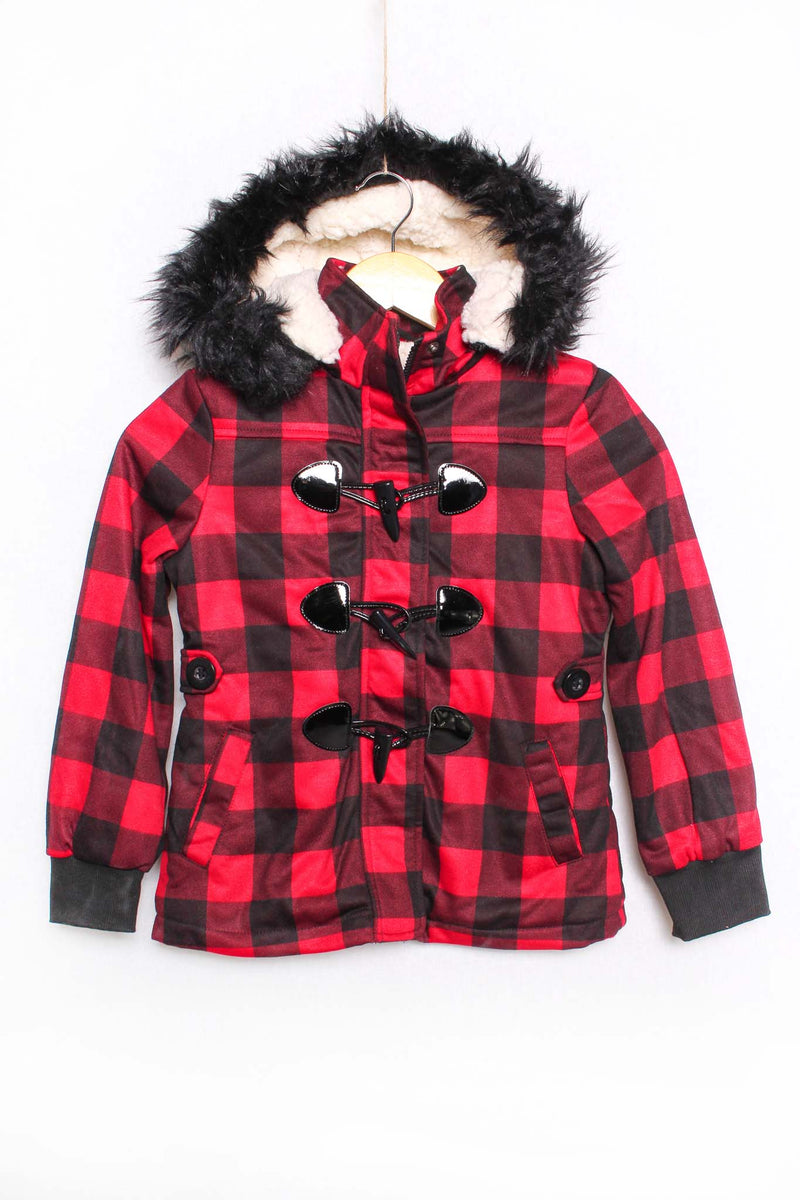 Girl's Long Sleeves Spinkle Duffle Fur Hooded Plaid Jacket