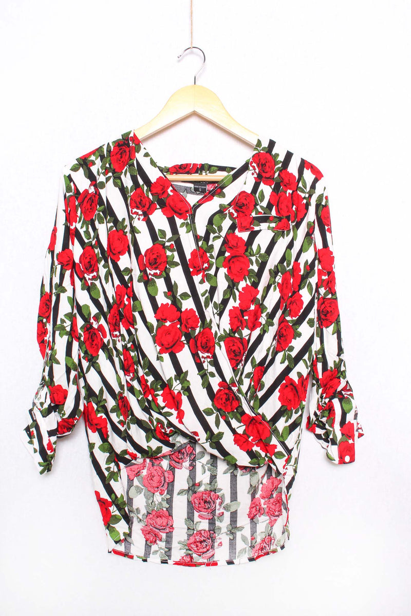 Women's Long Sleeve V Neck Floral Stripes Top