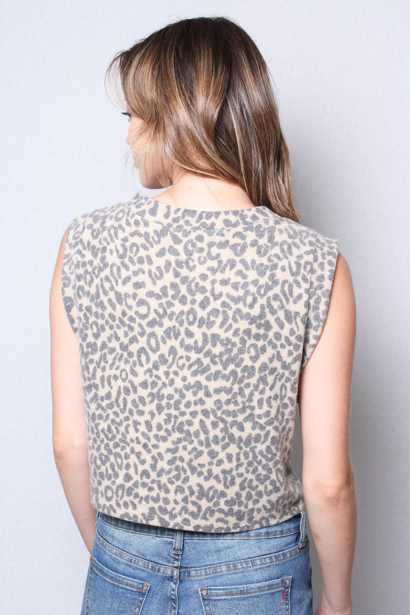 Women's Fuzzy Animal Print Button Front Sweater Vest Cropped Top
