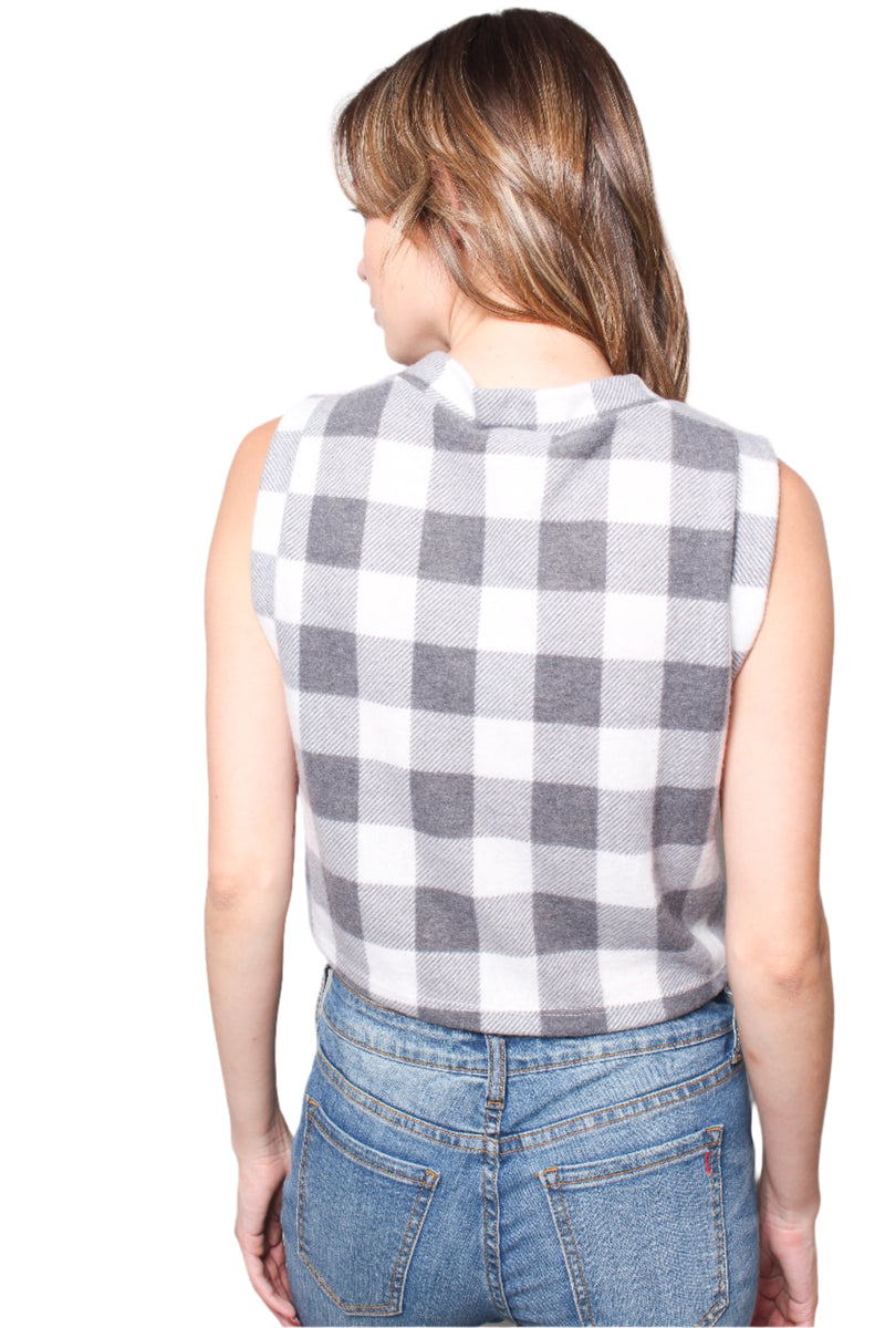 Women's Fuzzy Check Button Front Sweater Vest Cropped Top