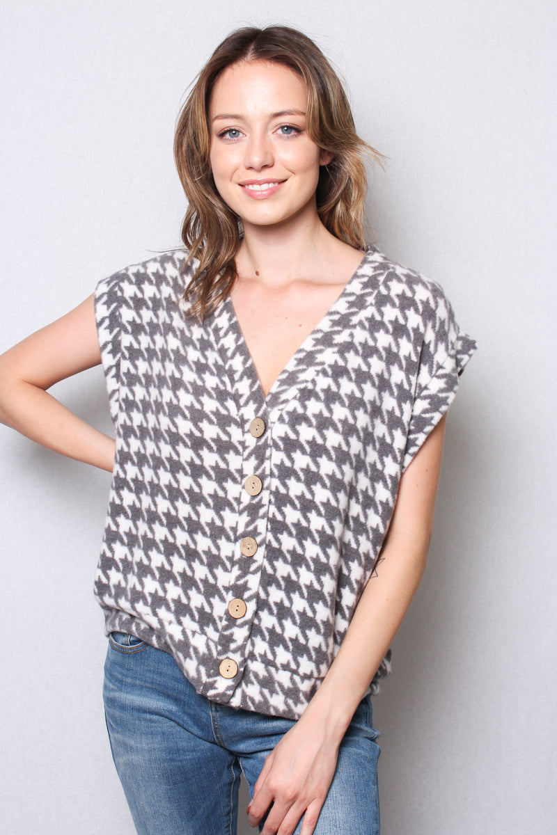 Women's Fuzzy Houndstooth Button Front Sweater Vest Top