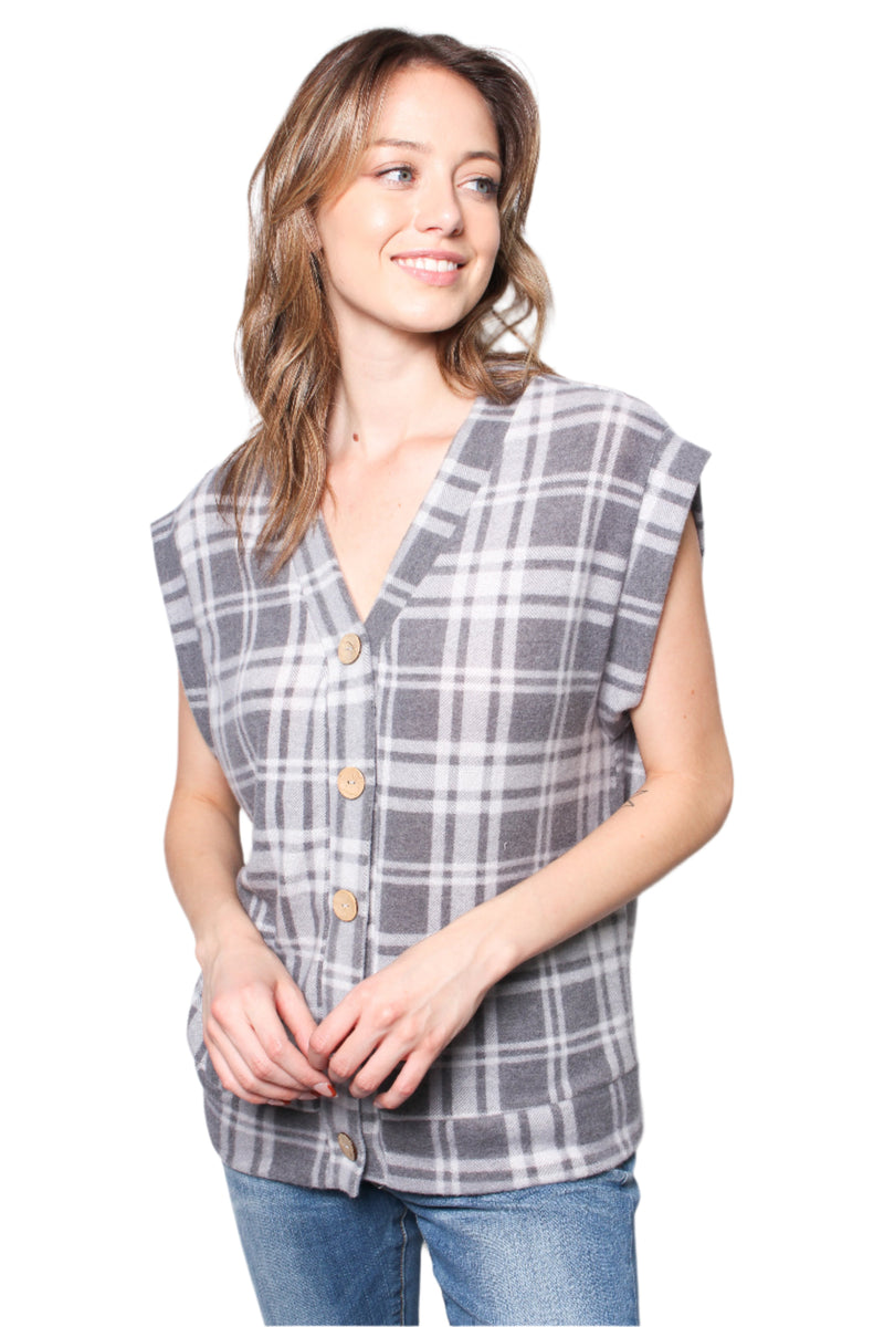 Women's Fuzzy Plaid Button Front Sweater Vest Top