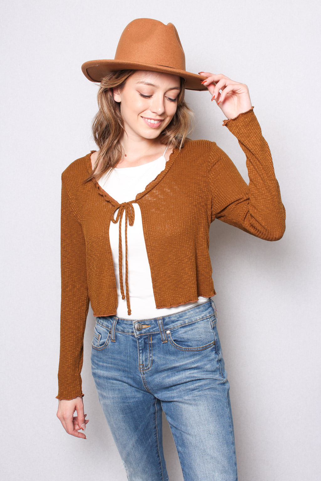 Women's Ribbed Tie Front Long Sleeves Cropped Cardigan