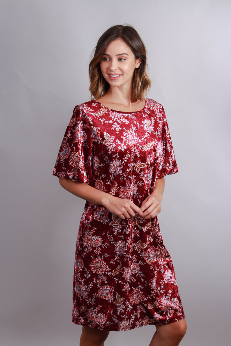 Women's Short Sleeve Crushed Velvet Floral Print Tunic Dress