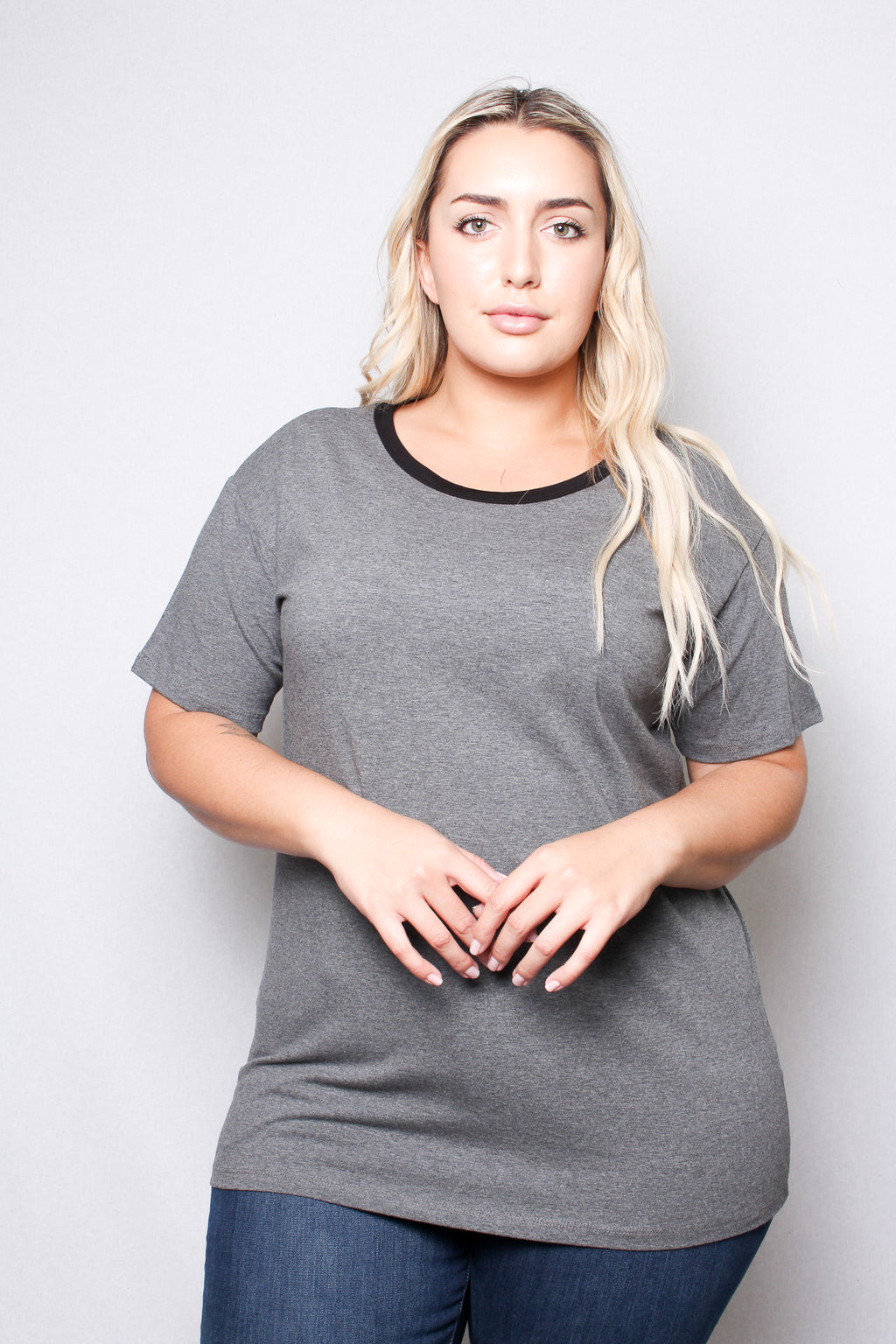 Women's Plus Size Round Neck Short Sleeves Ringer T-Shirt