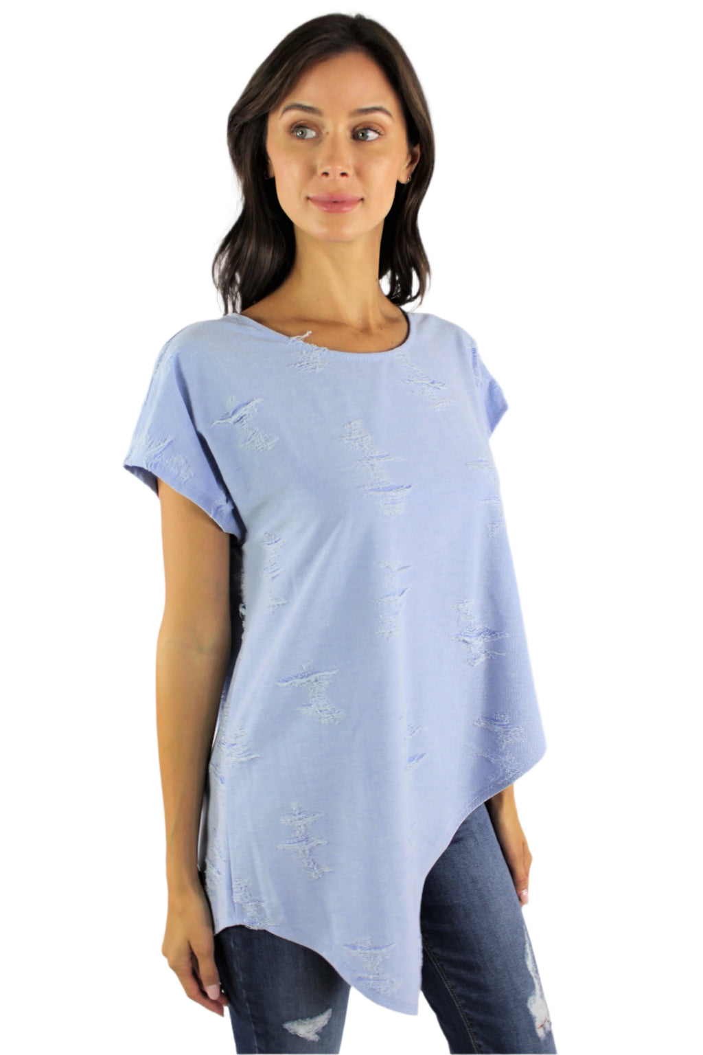 Women's Round Neck Ripped Top with Uneven Hem