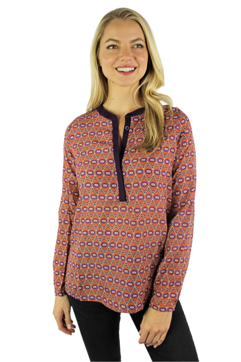 Women's Long Sleeve Printed Top with Front Button