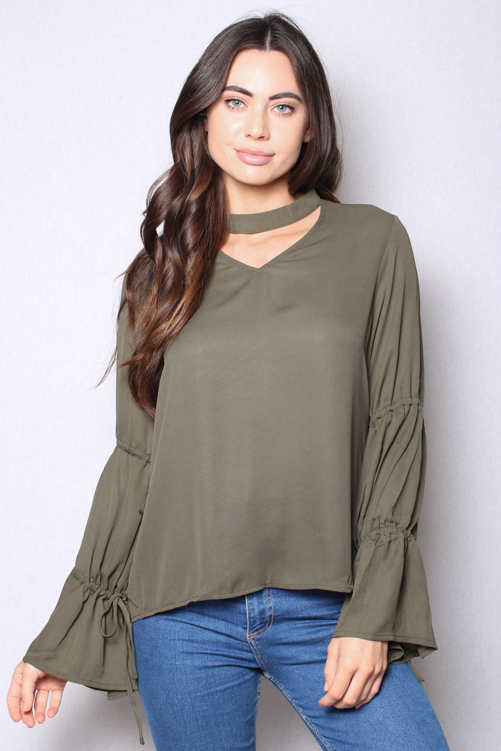 Women's Flowy Cutout Ruched Bell Sleeves Top