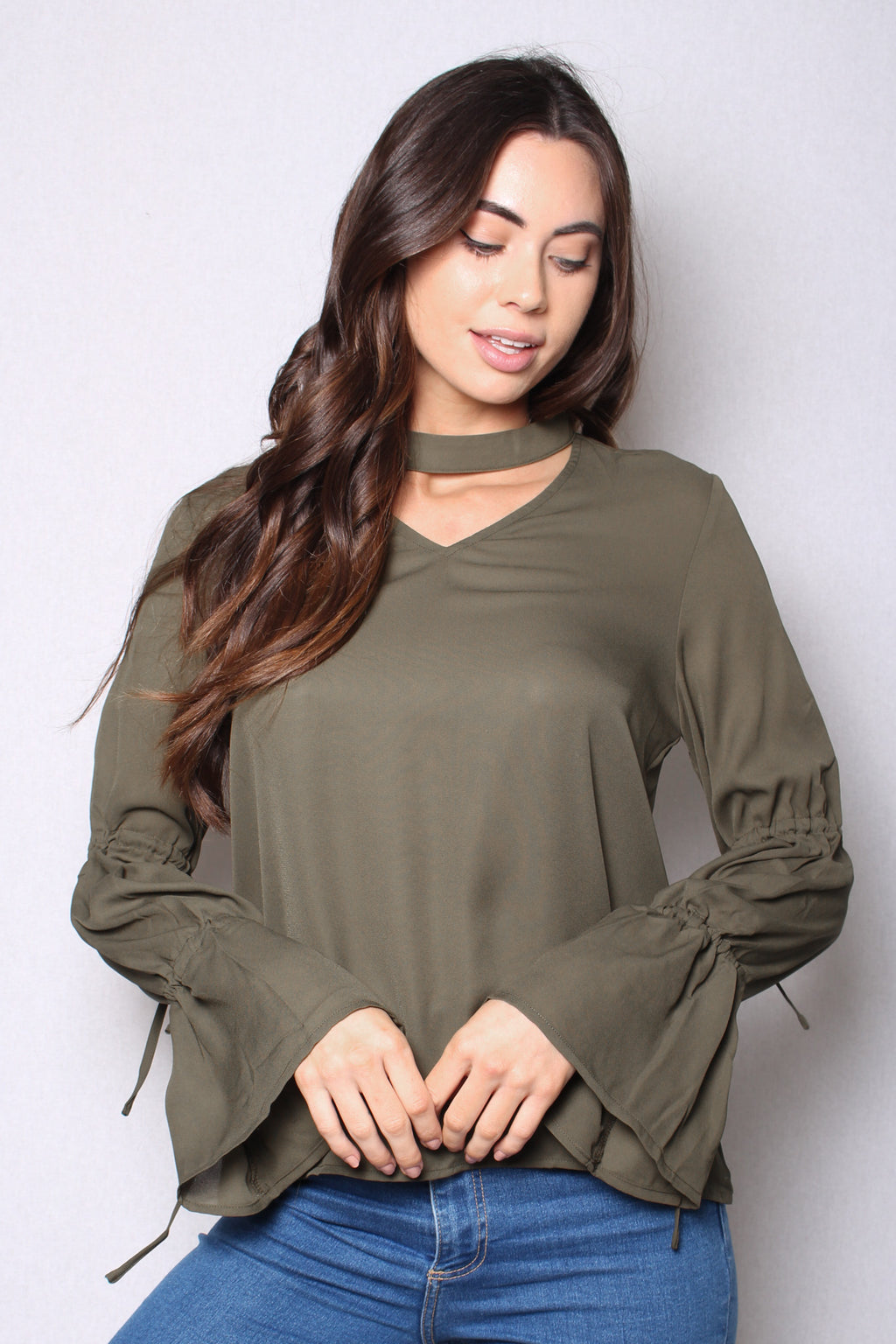 Women's Flowy Cutout Ruched Bell Sleeves Top