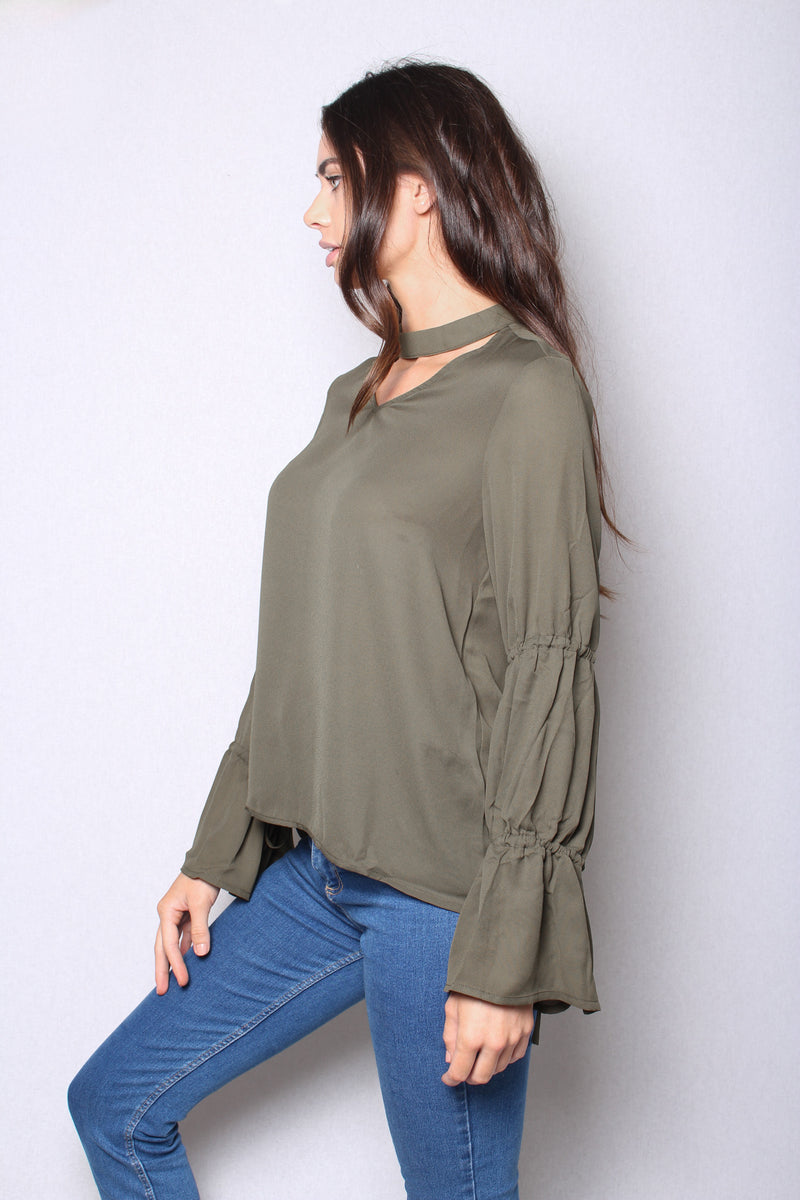 Women's Flowy Cutout Ruched Bell Sleeves Top