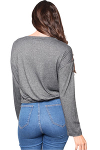 Women's Long Sleeves Round Neck Tie Front Top
