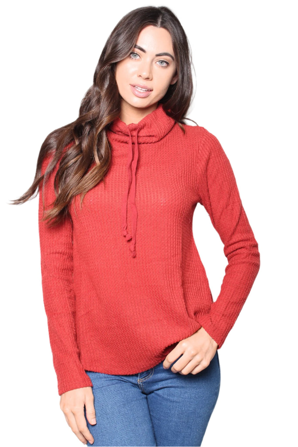 Women's Waffle Knit Cowl Neck Long Sleeve Top