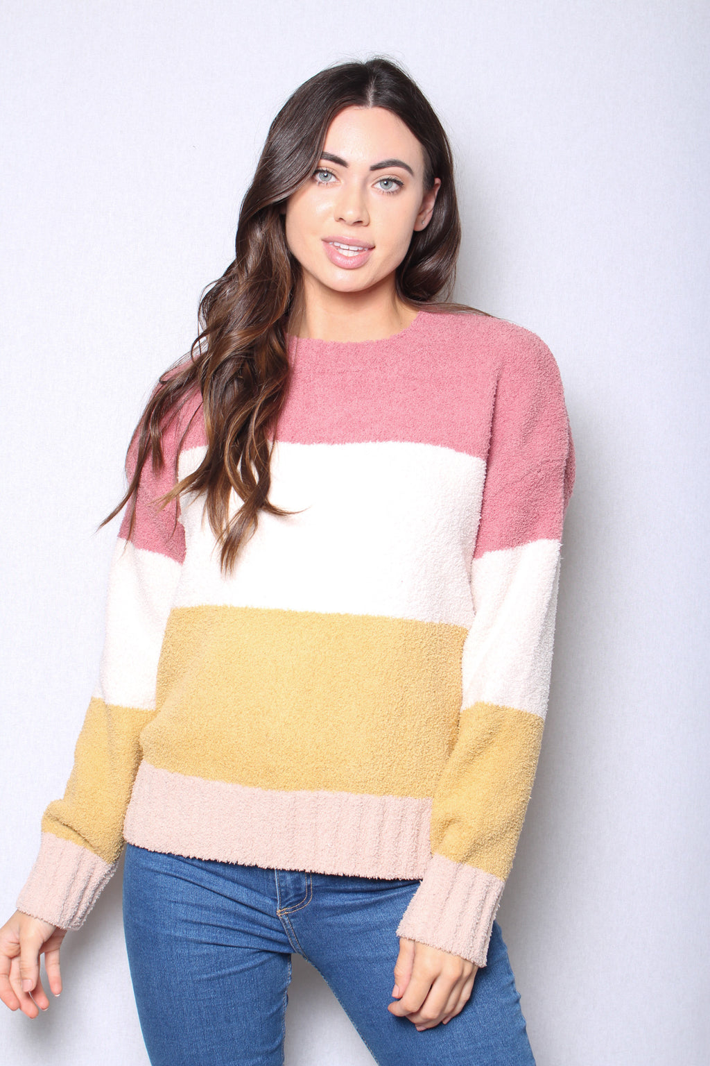 Women's Fuzzy Color Block Long Sleeves Pullover Sweater