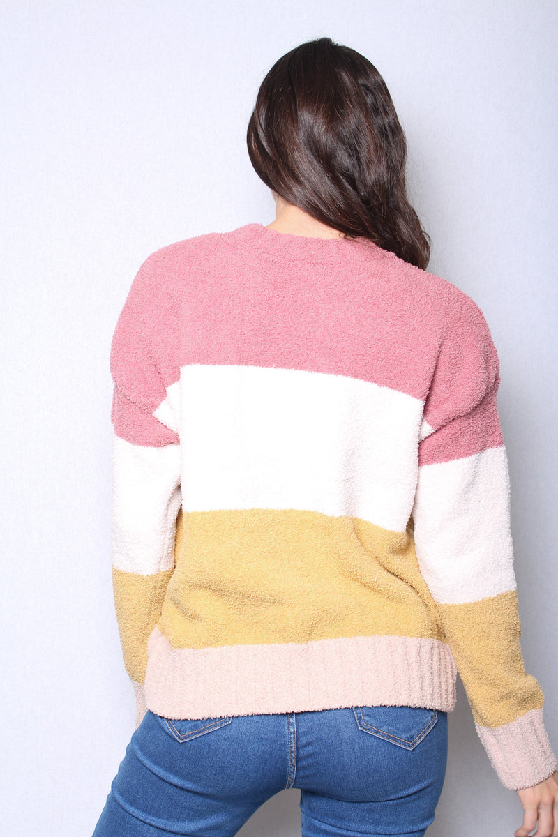 Women's Fuzzy Color Block Long Sleeves Pullover Sweater