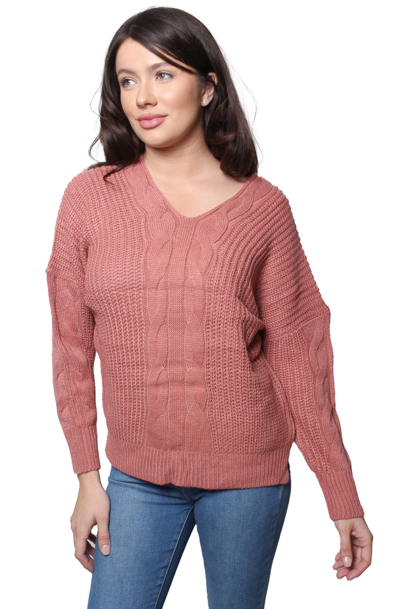 Women's Double V Neck Long Sleeve Cable Knit Sweater