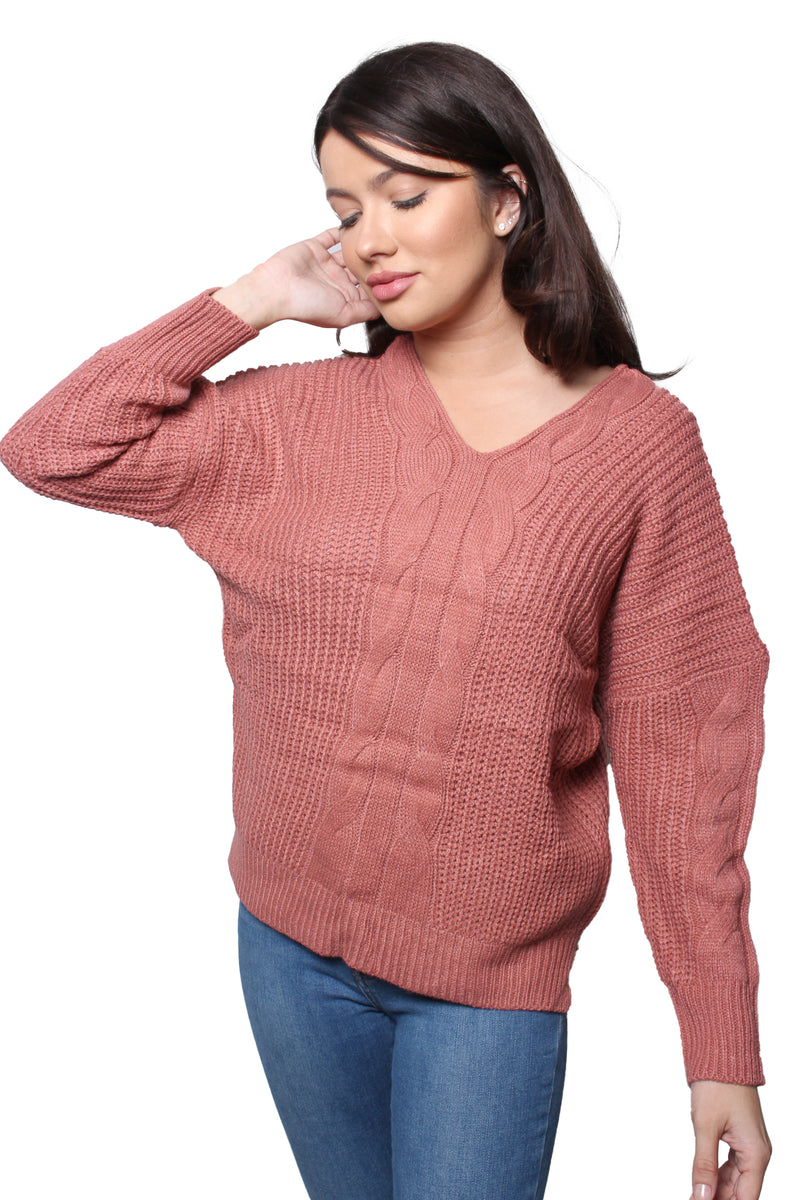 Women's Double V Neck Long Sleeve Cable Knit Sweater