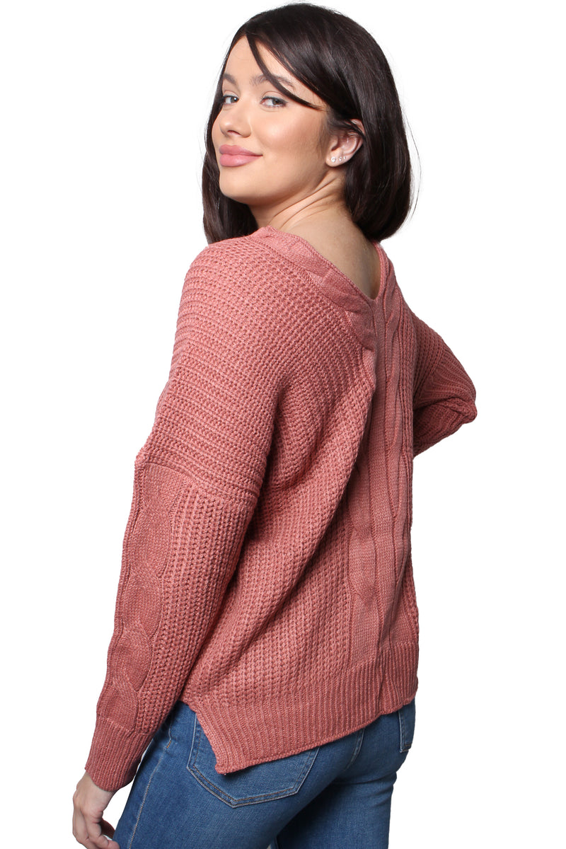 Women's Double V Neck Long Sleeve Cable Knit Sweater