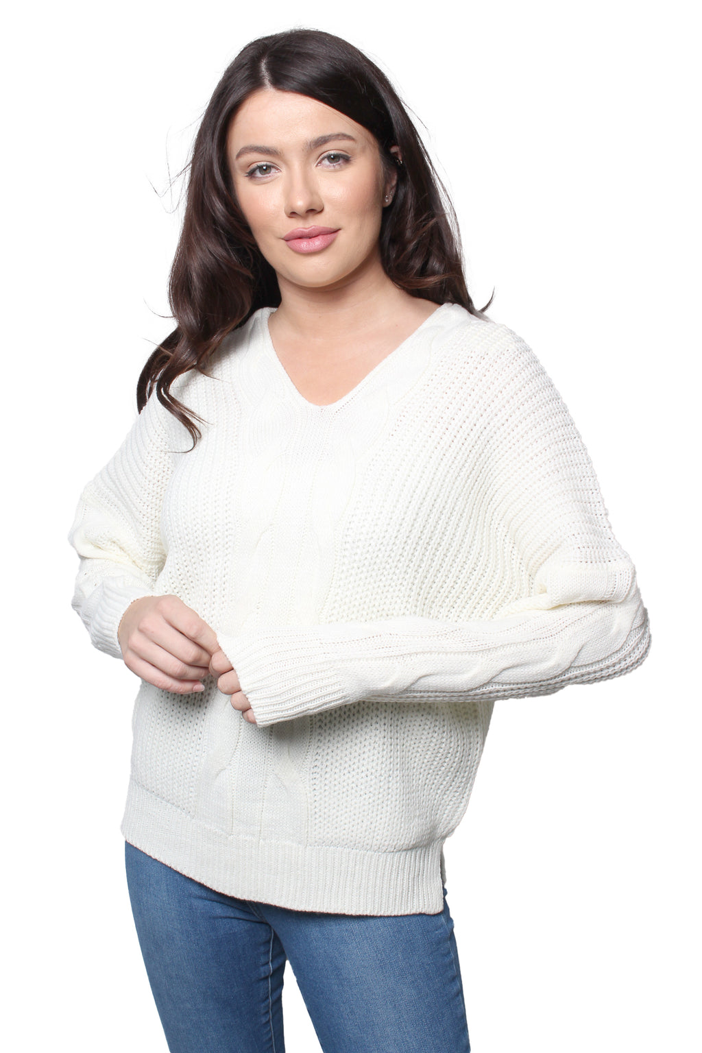 Women's Double V Neck Long Sleeve Cable Knit Sweater