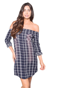 Women's Flannel Off The Shoulder 3/4th Sleeves Dress