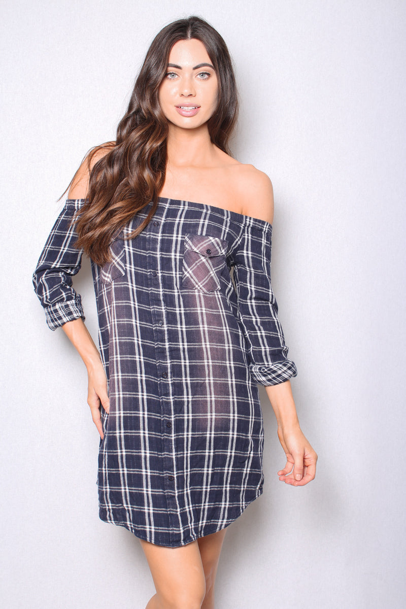 Women's Flannel Off The Shoulder 3/4th Sleeves Dress