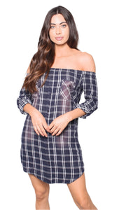 Women's Flannel Off The Shoulder 3/4th Sleeves Dress