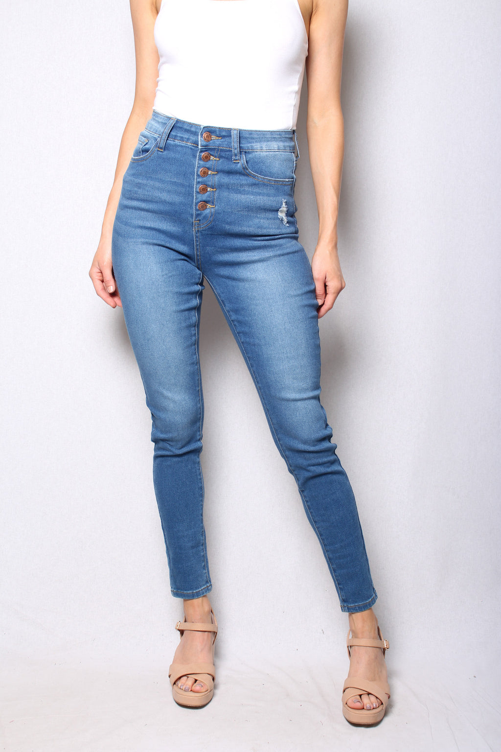 Women's High Waist Button Front Medium Wash Skinny Jeans