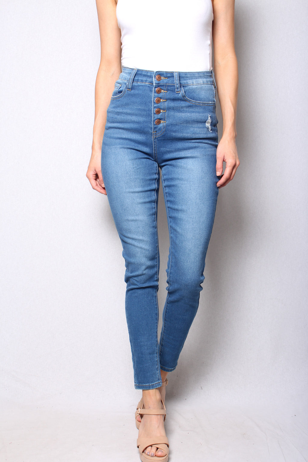 Women's High Waist Button Front Medium Wash Skinny Jeans