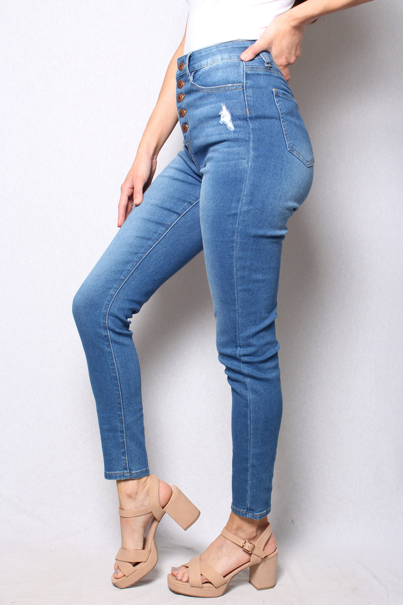 Women's High Waist Button Front Medium Wash Skinny Jeans