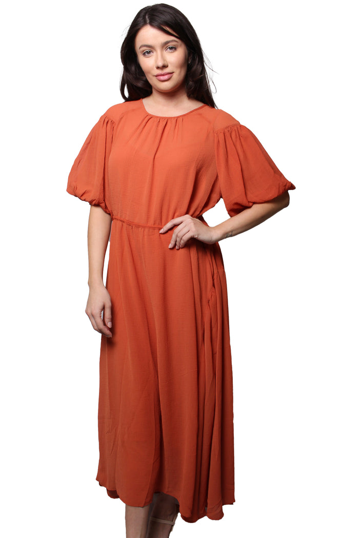 Women's Puff Sleeve Round Neck Maxi Dress