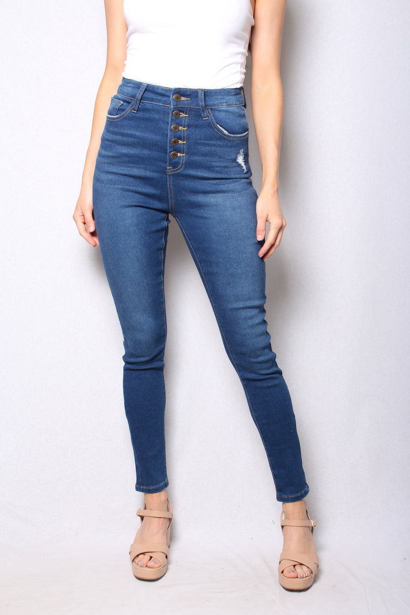 Women's High Waist Button Front Dark Wash Skinny Jeans