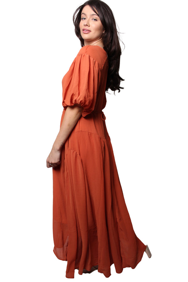 Women's Puff Sleeve Round Neck Maxi Dress